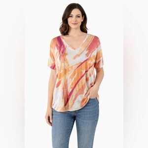 Chico’s 2 100% Linen Abstract Top Large Pink Orange V-neck Short Sleeves Artsy